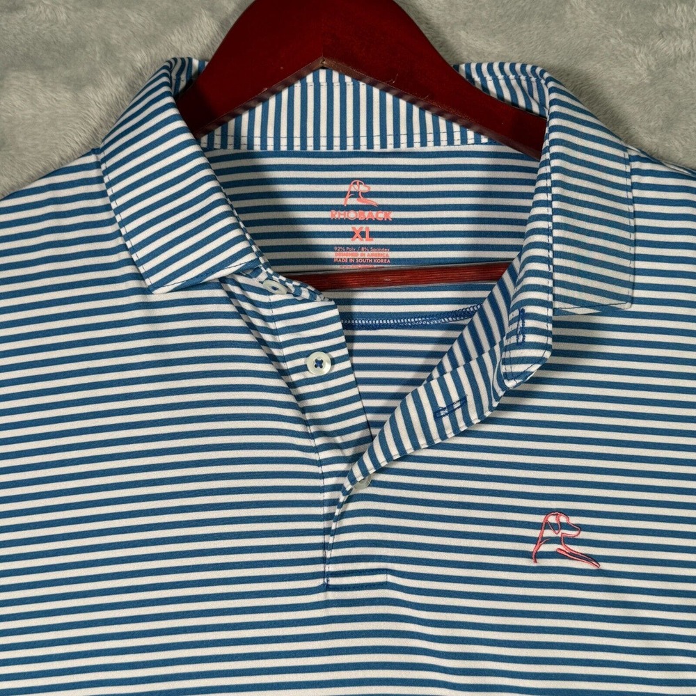 Rhoback Polo Shirt XL Blue White Striped Golf Performance The Birdie